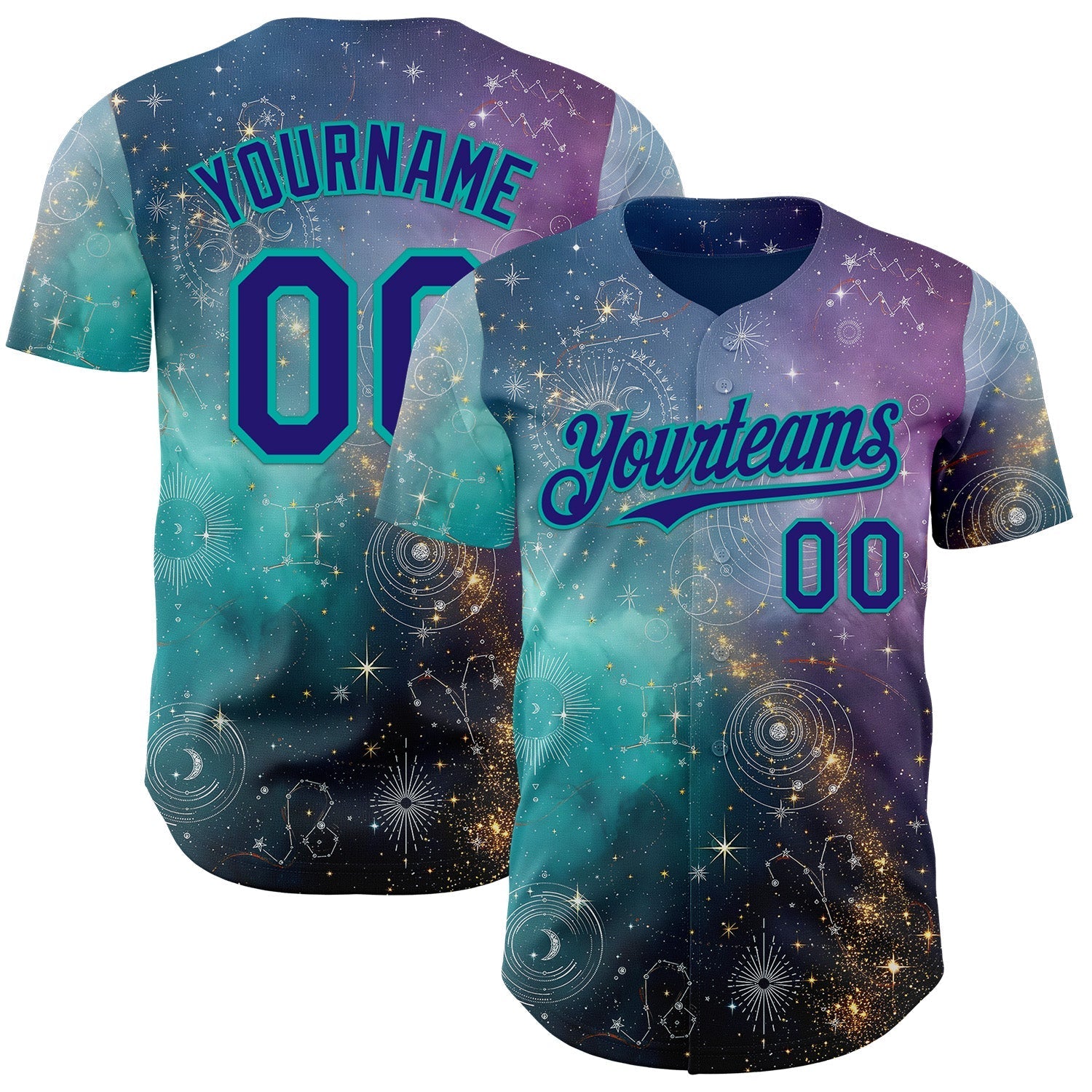 Custom Purple Dark Purple Gray-Aqua Galaxy Star Nebula Authentic Baseball Jersey baseball jersey product view 1