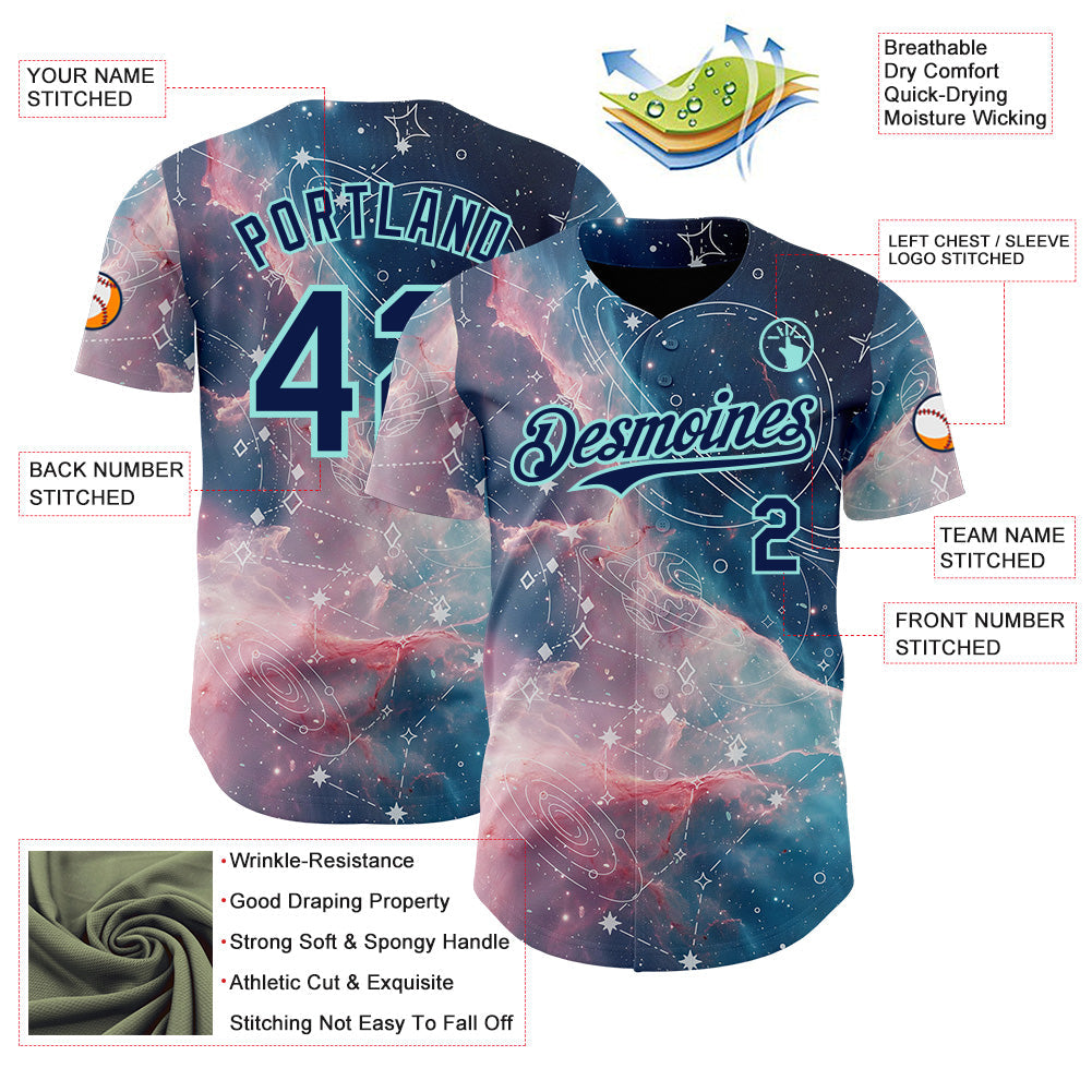 Custom Blue Navy Light Pink-Ice Blue Galaxy Star Nebula Authentic Baseball Jersey baseball jersey product view 3
