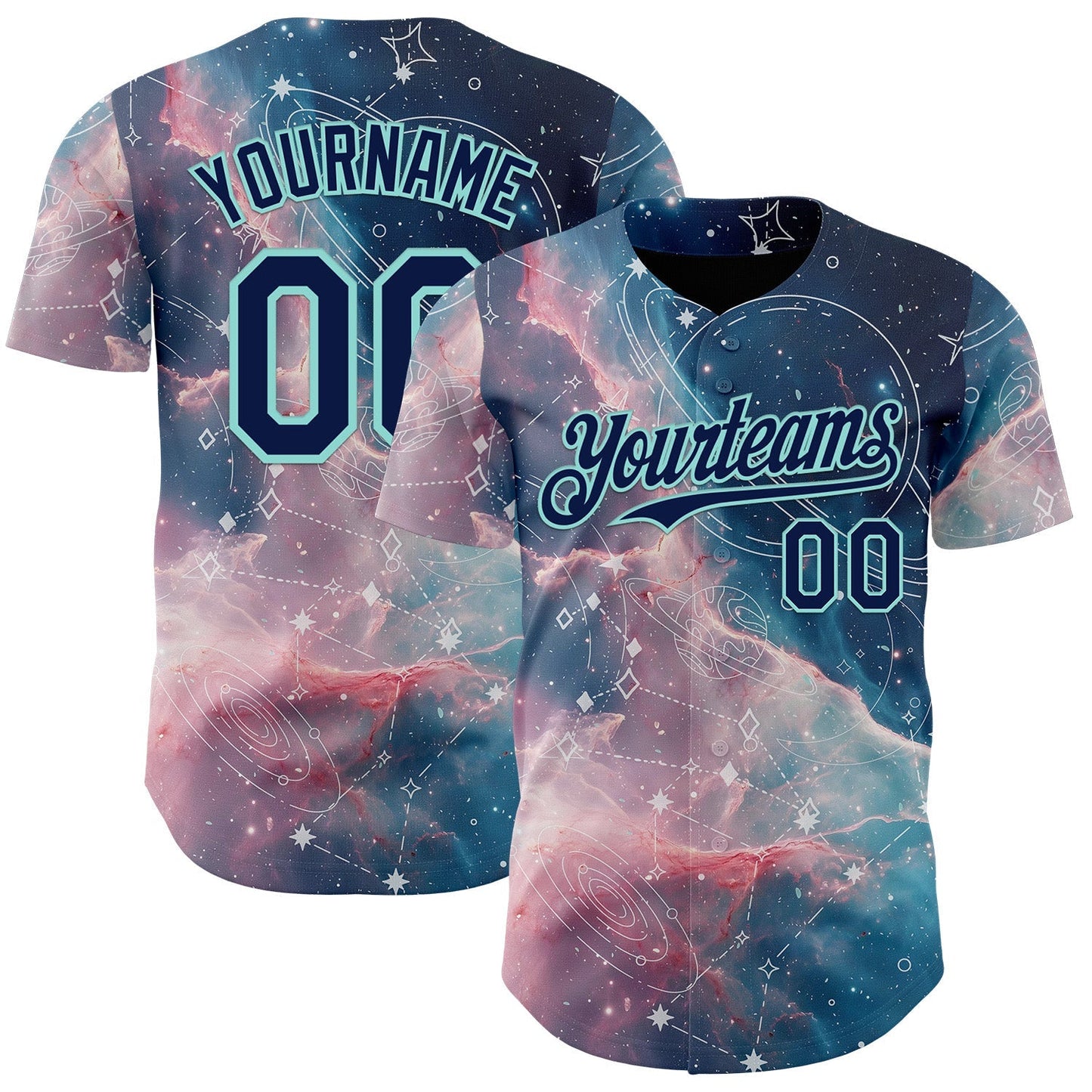 Custom Blue Navy Light Pink-Ice Blue Galaxy Star Nebula Authentic Baseball Jersey baseball jersey product view 1