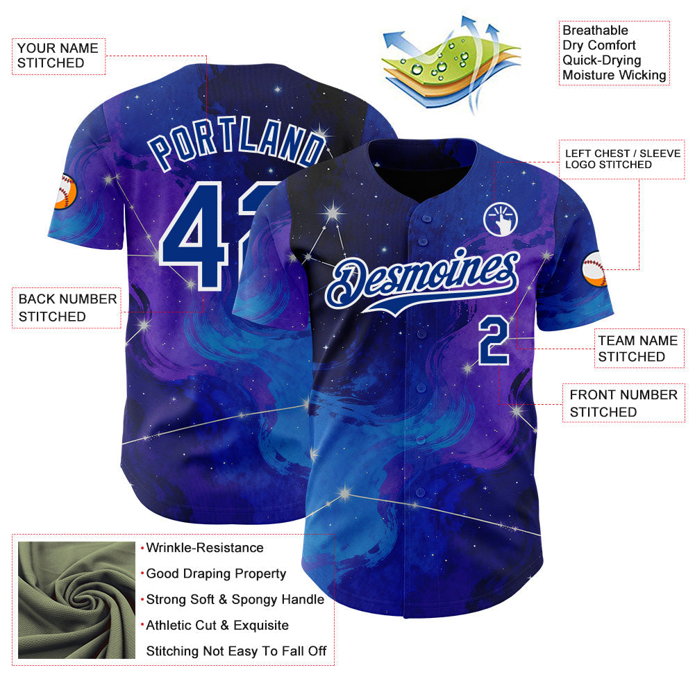 Custom Blue Royal Purple-White Galaxy Star Nebula Authentic Baseball Jersey baseball jersey product view 3