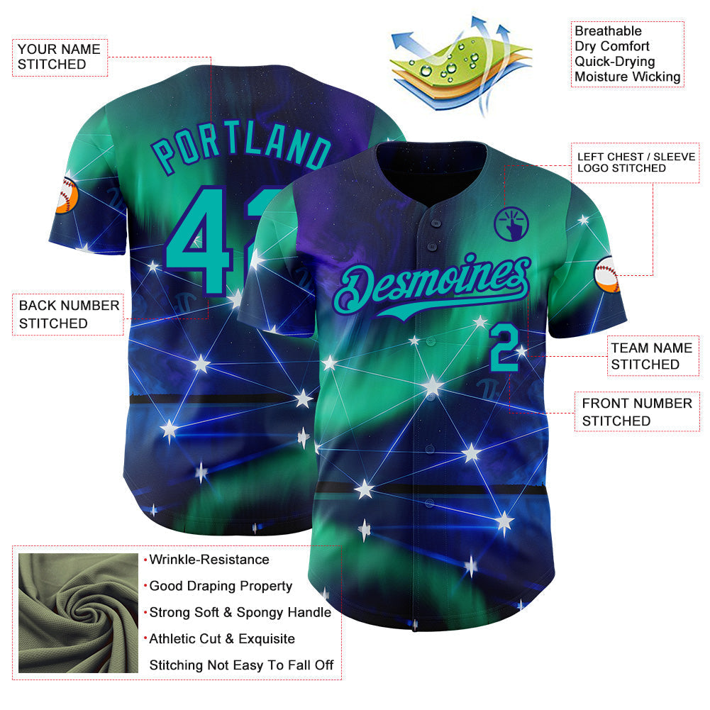 Custom Blue Aqua-Dark Purple Galaxy Star Authentic Baseball Jersey baseball jersey product view 3