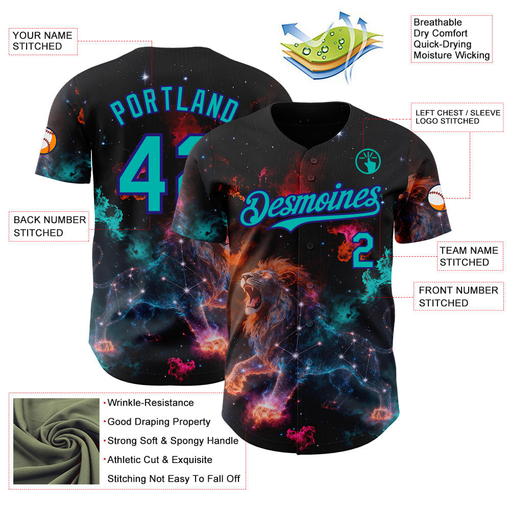 Custom Black Aqua-Dark Purple Galaxy Star Leo Authentic Baseball Jersey baseball jersey product view 3