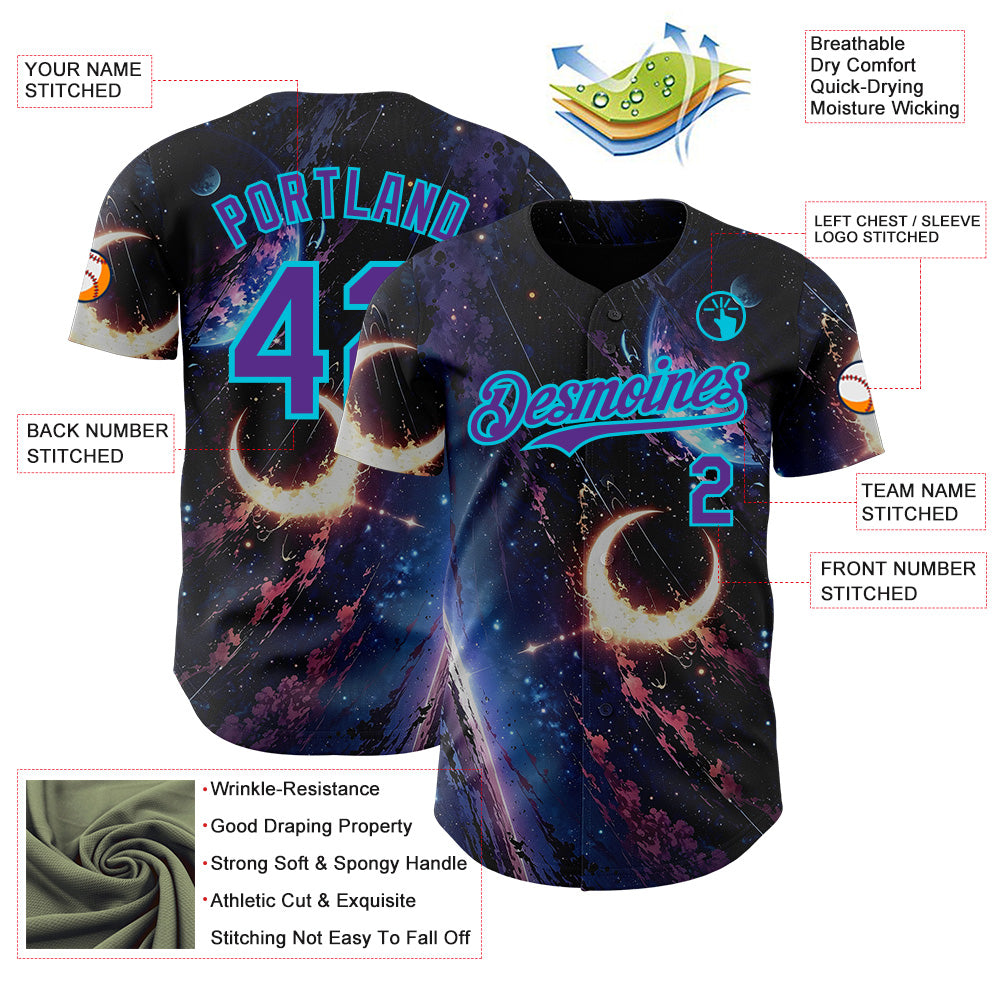Custom Black Purple-Lakes Blue Galaxy Star Moon Nebula Authentic Baseball Jersey baseball jersey product view 3