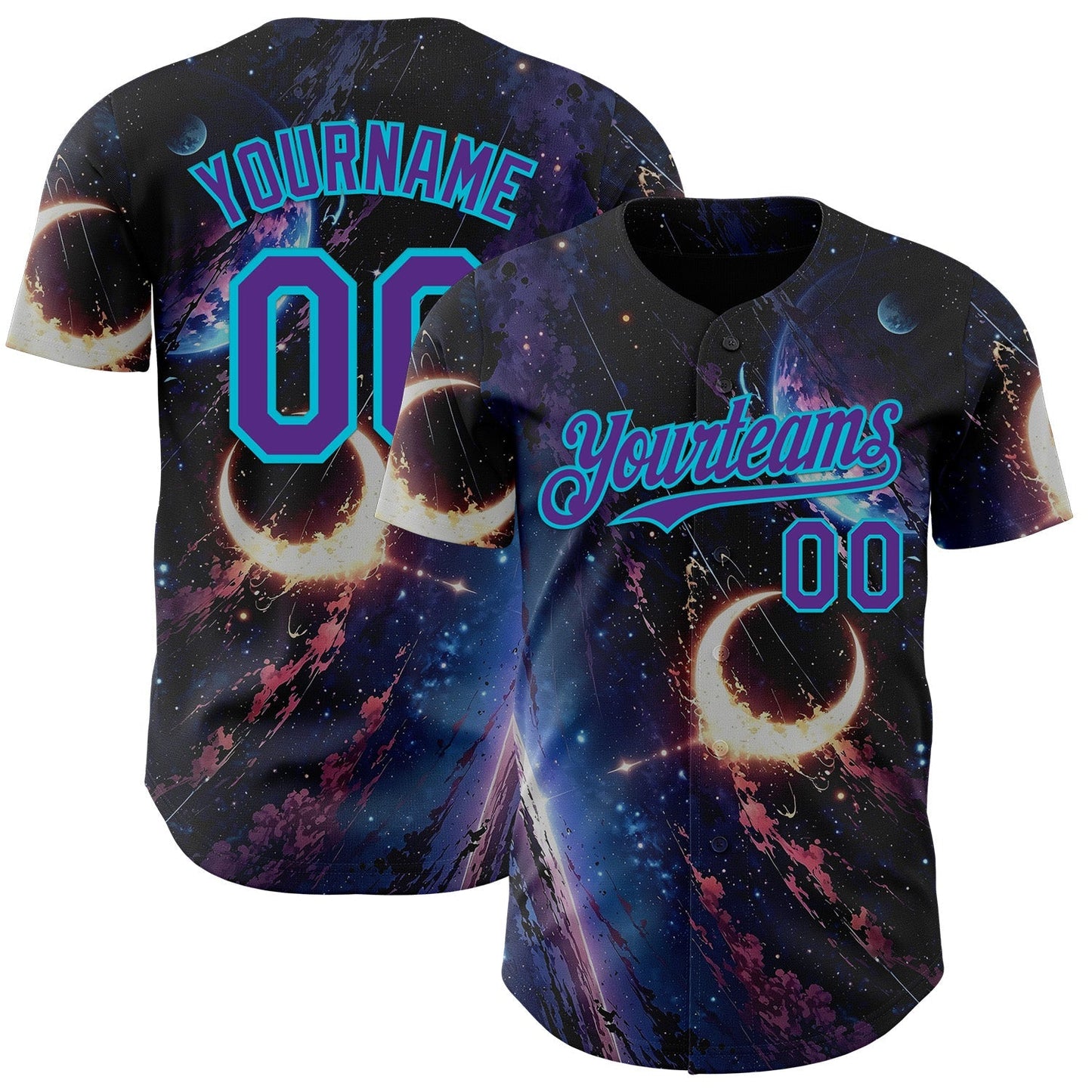 Custom Black Purple-Lakes Blue Galaxy Star Moon Nebula Authentic Baseball Jersey baseball jersey product view 1