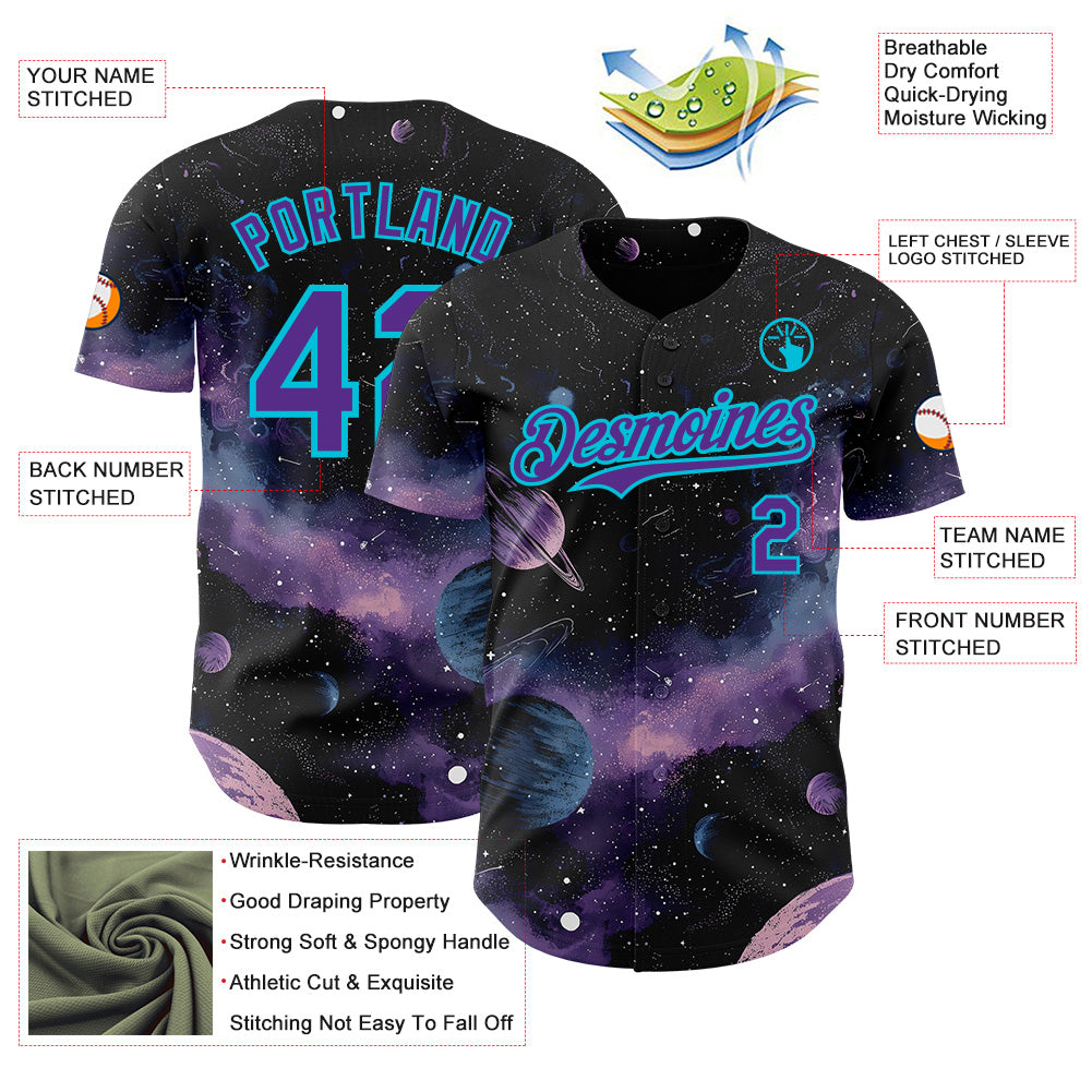 Custom Black Purple-Lakes Blue Galaxy Star Nebula Authentic Baseball Jersey baseball jersey product view 3