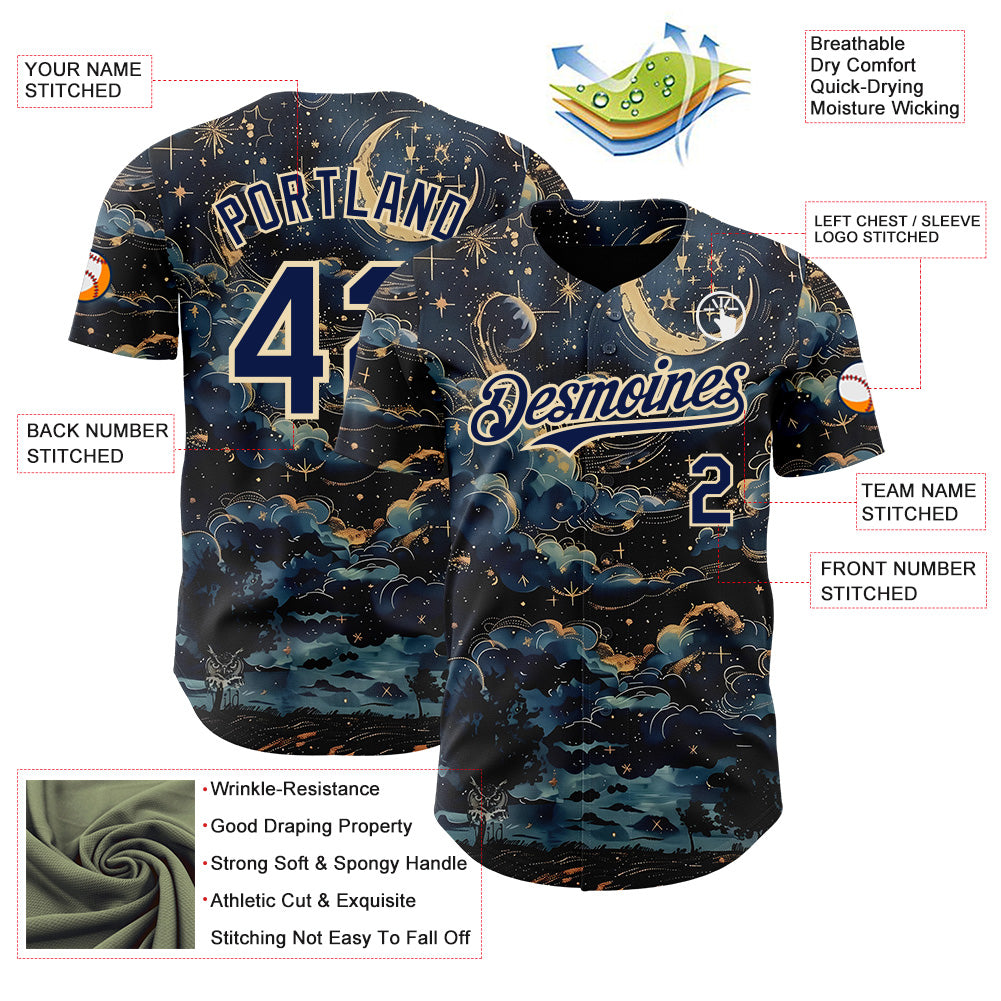 Custom Navy-Cream Galaxy Star Nebula Authentic Baseball Jersey baseball jersey product view 3