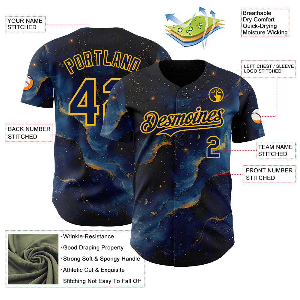 Custom Black Navy-Gold Galaxy Star Nebula Authentic Baseball Jersey baseball jersey product view 3