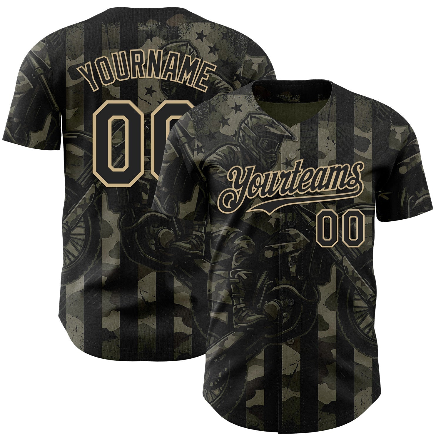Custom Camo Black-Vegas Gold 3D Pattern Design Motorcycle Motocross Authentic Baseball Jersey baseball jersey product view 1