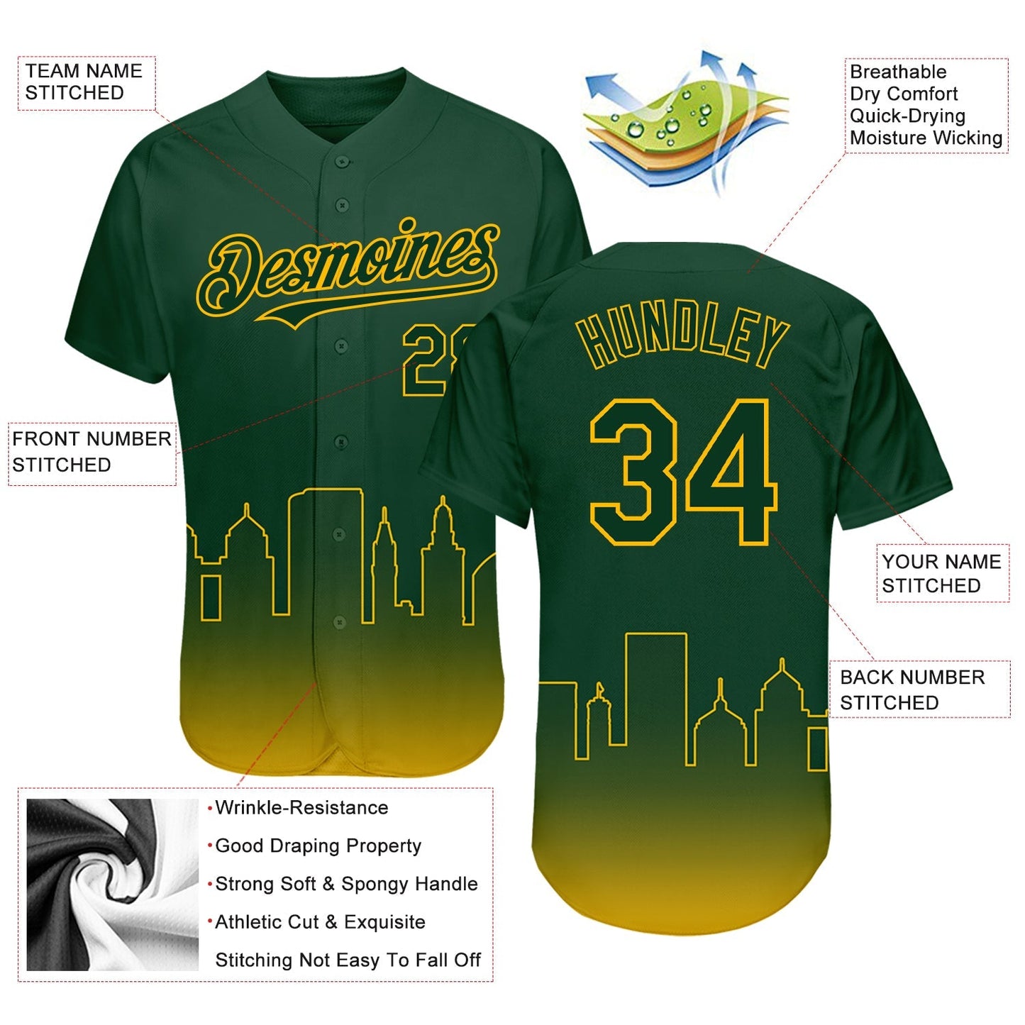 Custom Green Gold 3D Oakland City Edition Fade Fashion Authentic Baseball Jersey baseball jersey product view 3