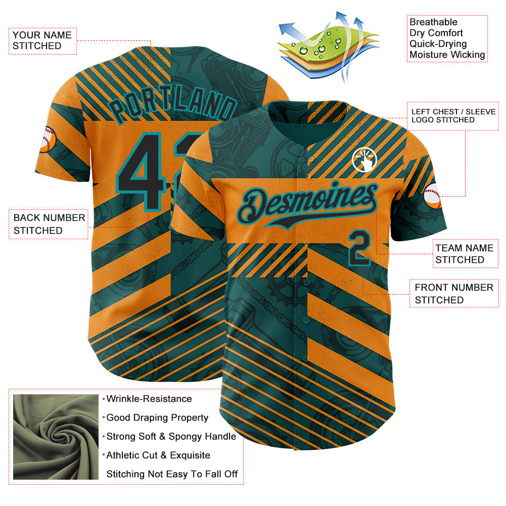 Custom Teal Black-Orange 3D Pattern Design Motorcycle Motocross Stripe Authentic Baseball Jersey baseball jersey product view 3