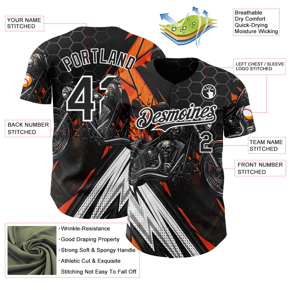 Custom Black Orange Gray-White 3D Pattern Design Motorcycle Motocross Skull Authentic Baseball Jersey baseball jersey product view 3