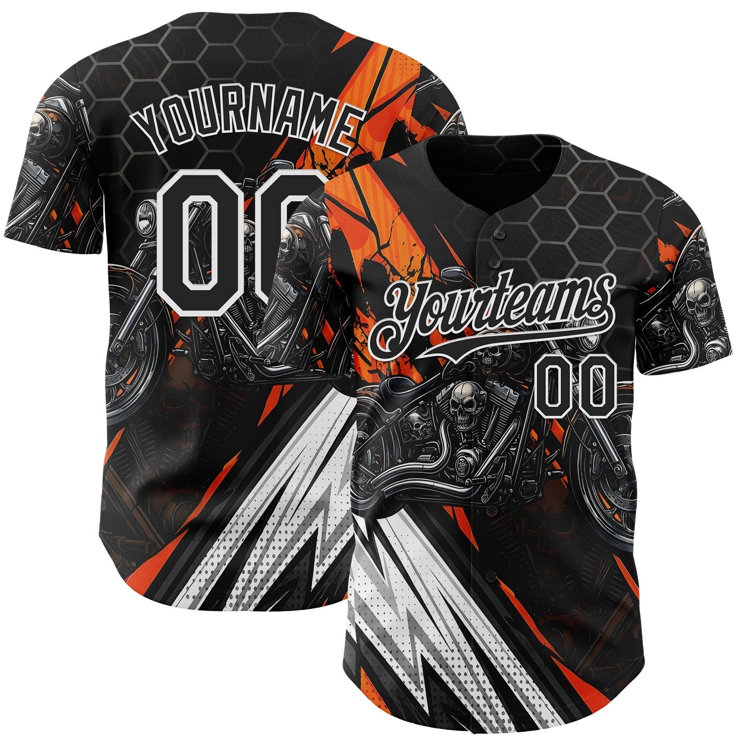 Custom Black Orange Gray-White 3D Pattern Design Motorcycle Motocross Skull Authentic Baseball Jersey baseball jersey product view 1