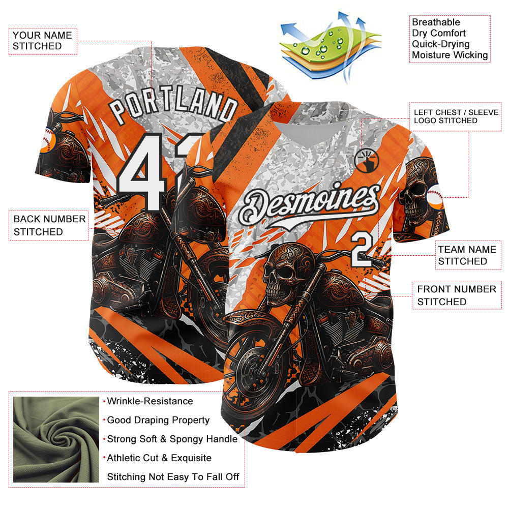 Custom Orange White Gray-Black 3D Pattern Design Motorcycle Motocross Skull Authentic Baseball Jersey baseball jersey product view 3