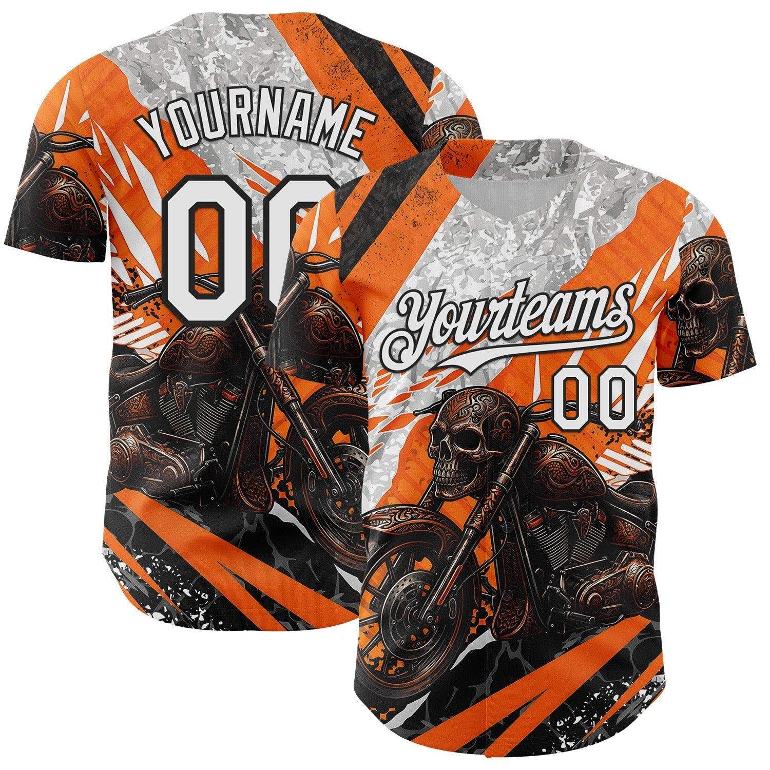 Custom Orange White Gray-Black 3D Pattern Design Motorcycle Motocross Skull Authentic Baseball Jersey baseball jersey product view 1