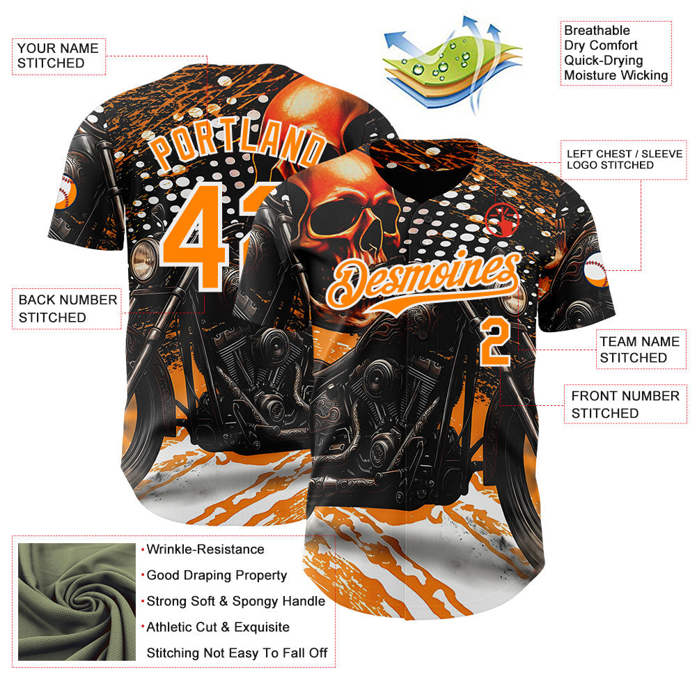 Custom Black Bay Orange Orange-White 3D Pattern Design Motorcycle Motocross Skull Authentic Baseball Jersey baseball jersey product view 3