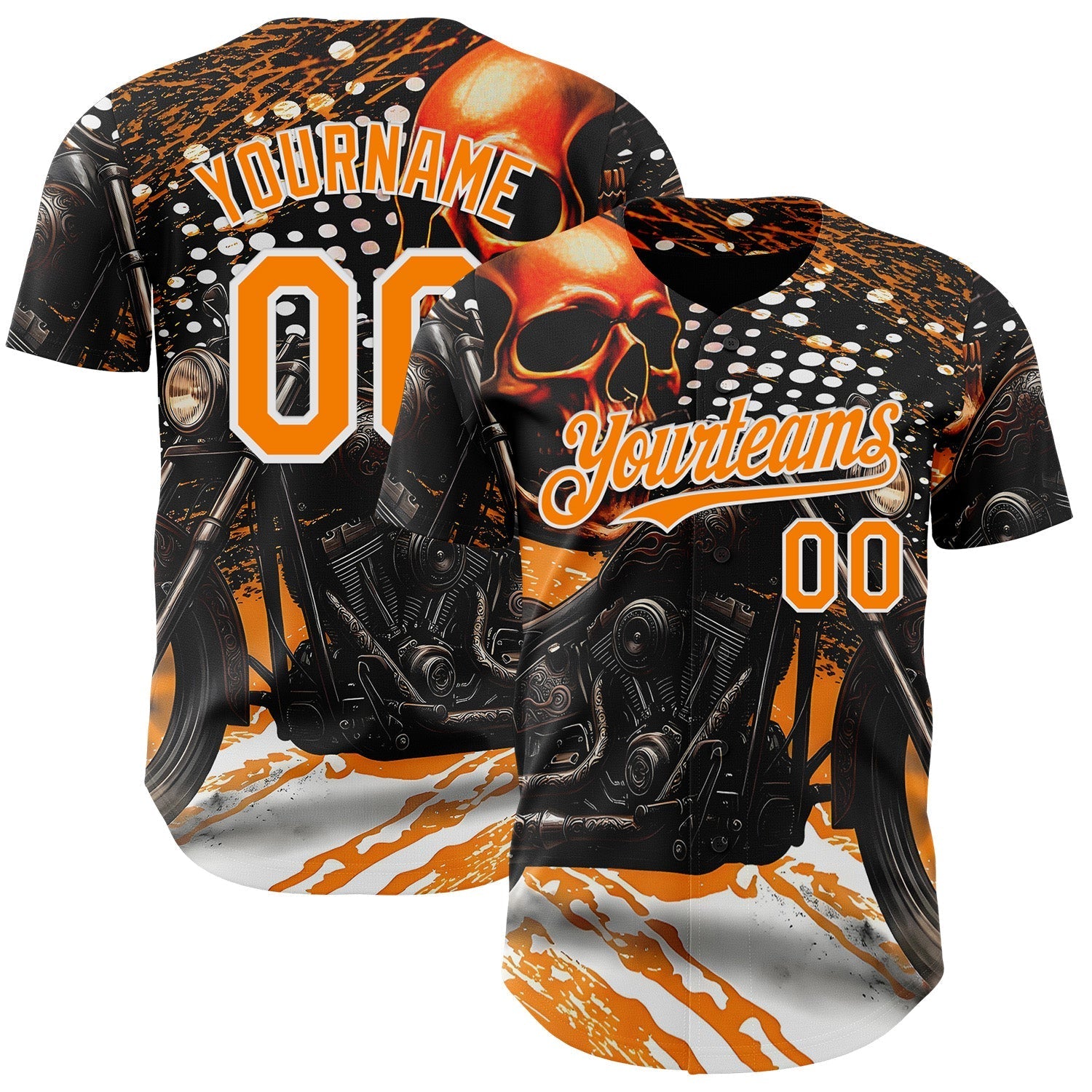 Custom Black Bay Orange Orange-White 3D Pattern Design Motorcycle Motocross Skull Authentic Baseball Jersey baseball jersey product view 1
