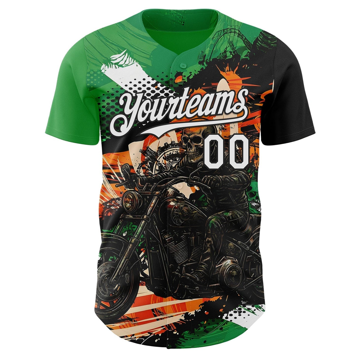 Custom Green White Orange Cream-Black 3D Pattern Design Motorcycle Motocross Skull Authentic Baseball Jersey baseball jersey product view 2