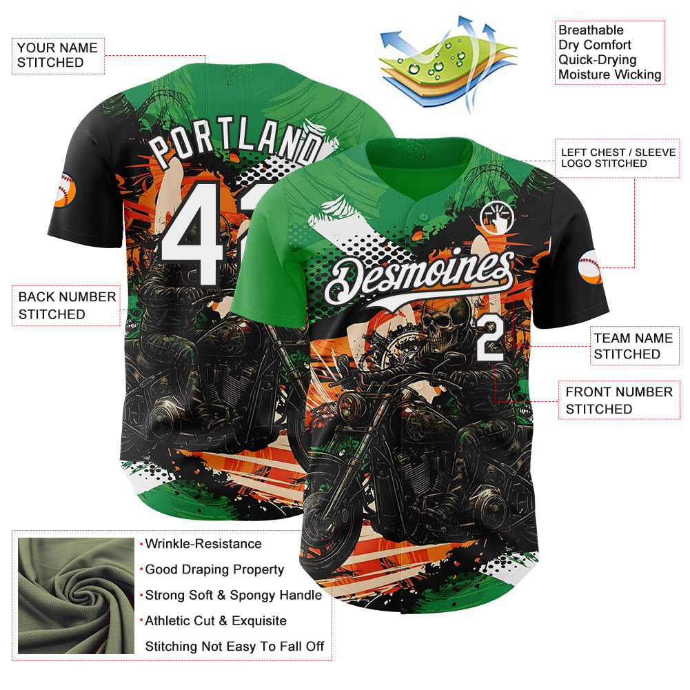 Custom Green White Orange Cream-Black 3D Pattern Design Motorcycle Motocross Skull Authentic Baseball Jersey baseball jersey product view 3