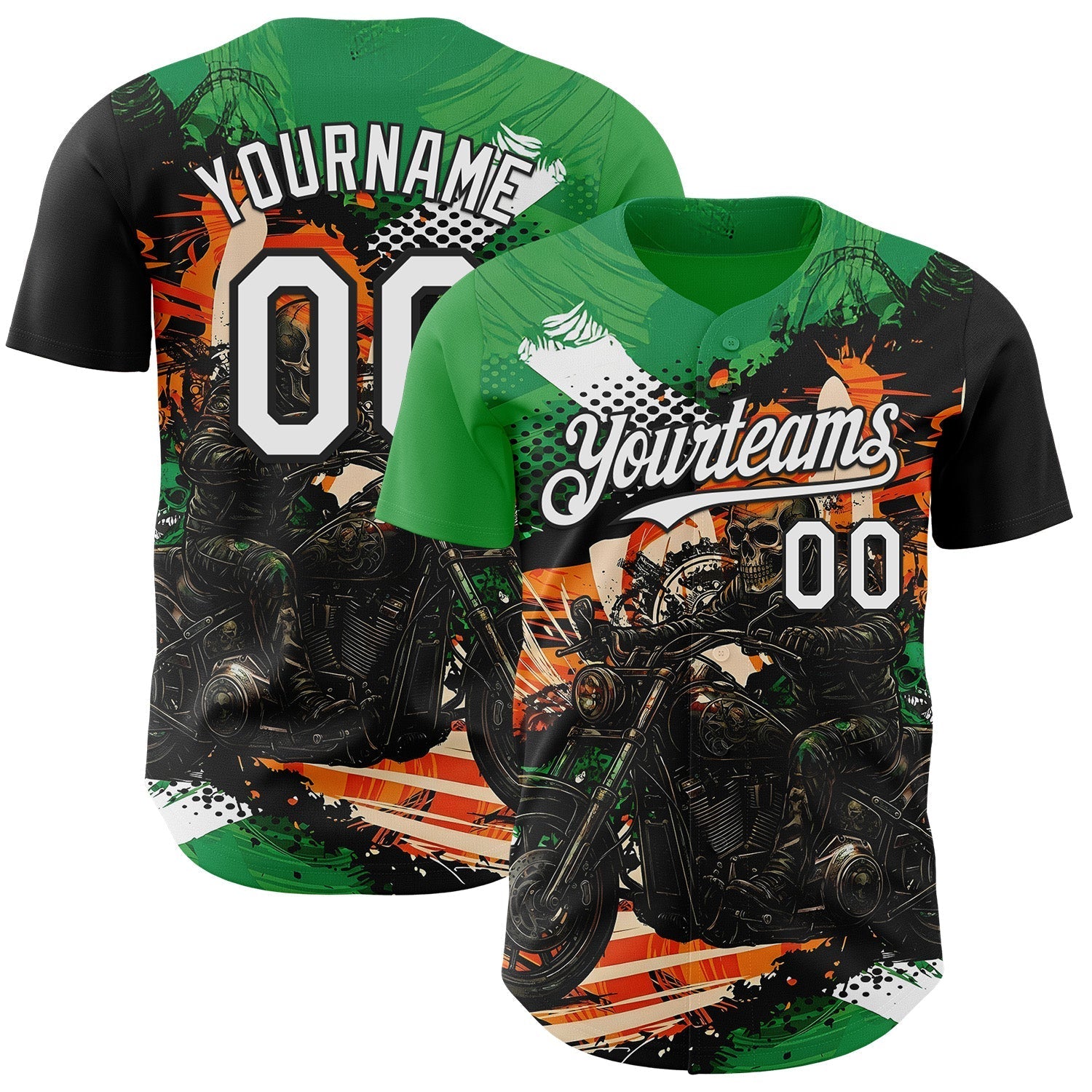 Custom Green White Orange Cream-Black 3D Pattern Design Motorcycle Motocross Skull Authentic Baseball Jersey baseball jersey product view 1