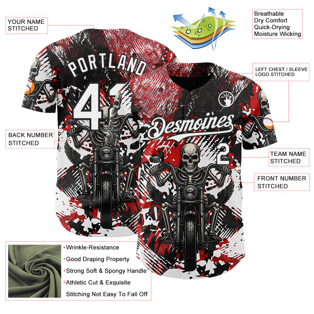 Custom Red White-Black 3D Pattern Design Motorcycle Motocross Skull Authentic Baseball Jersey baseball jersey product view 3