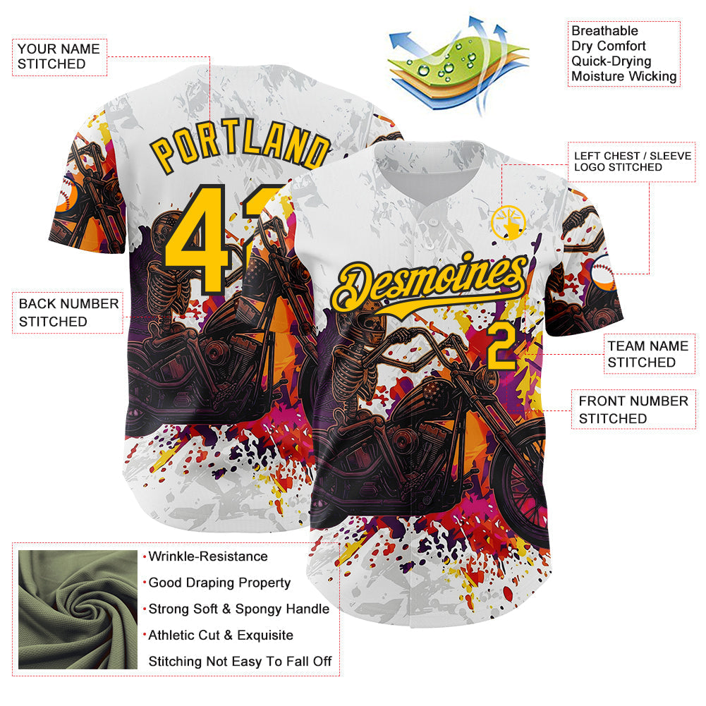 Custom White Yellow-Black 3D Pattern Design Motorcycle Motocross Skull Authentic Baseball Jersey baseball jersey product view 3