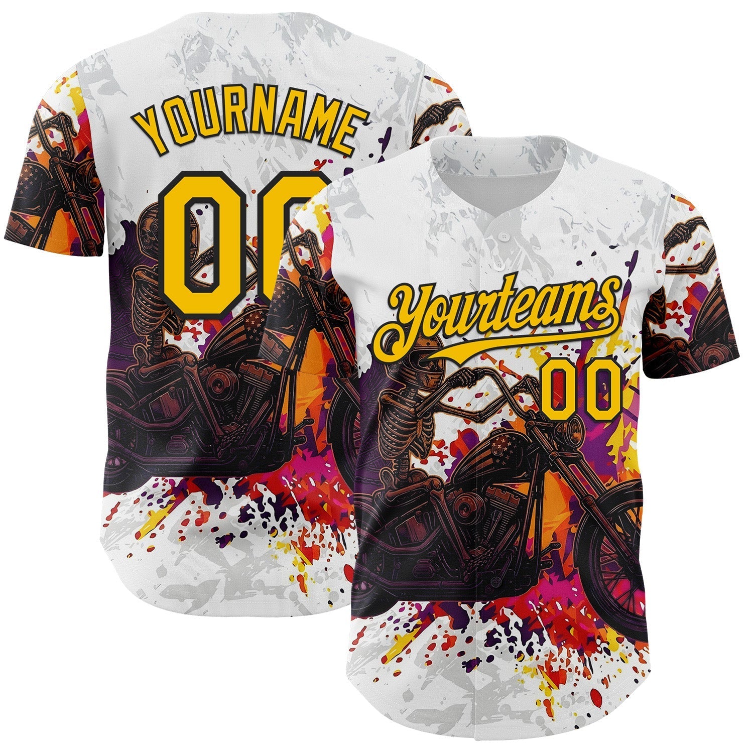 Custom White Yellow-Black 3D Pattern Design Motorcycle Motocross Skull Authentic Baseball Jersey baseball jersey product view 1