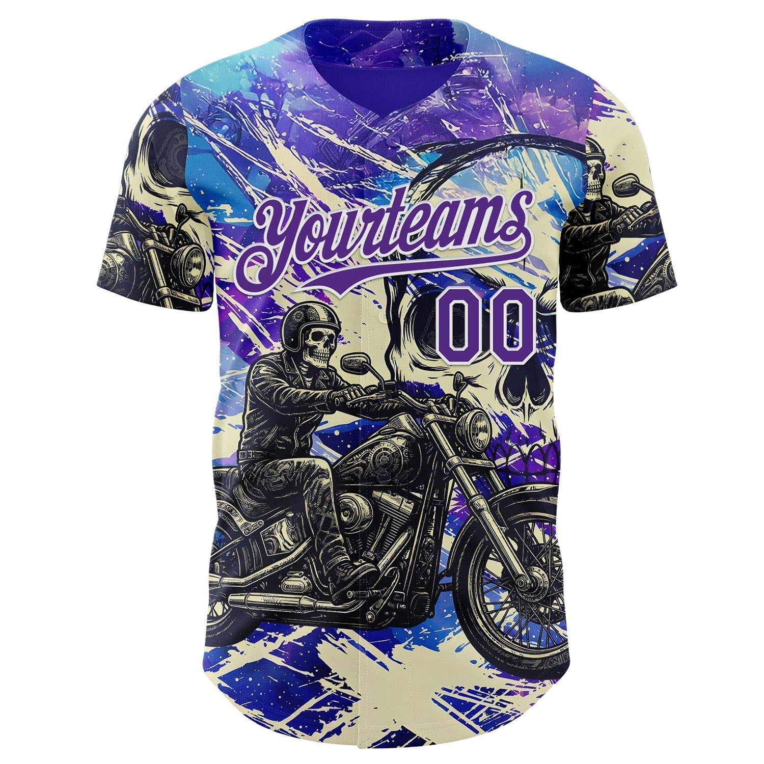 Custom Purple Cream-White 3D Pattern Design Motorcycle Motocross Skull Authentic Baseball Jersey baseball jersey product view 2