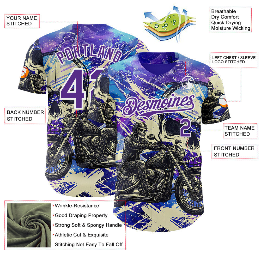 Custom Purple Cream-White 3D Pattern Design Motorcycle Motocross Skull Authentic Baseball Jersey baseball jersey product view 3