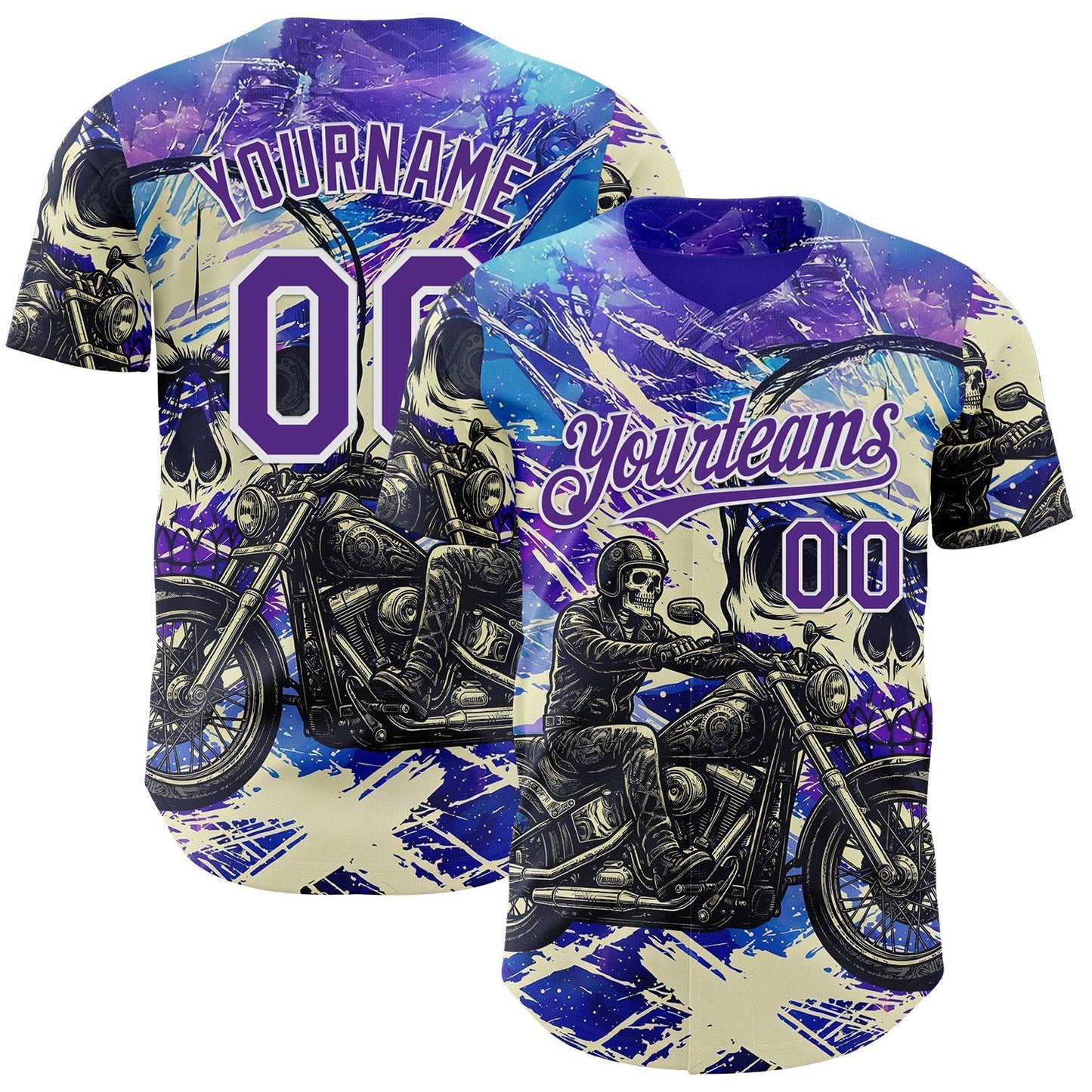 Custom Purple Cream-White 3D Pattern Design Motorcycle Motocross Skull Authentic Baseball Jersey baseball jersey product view 1