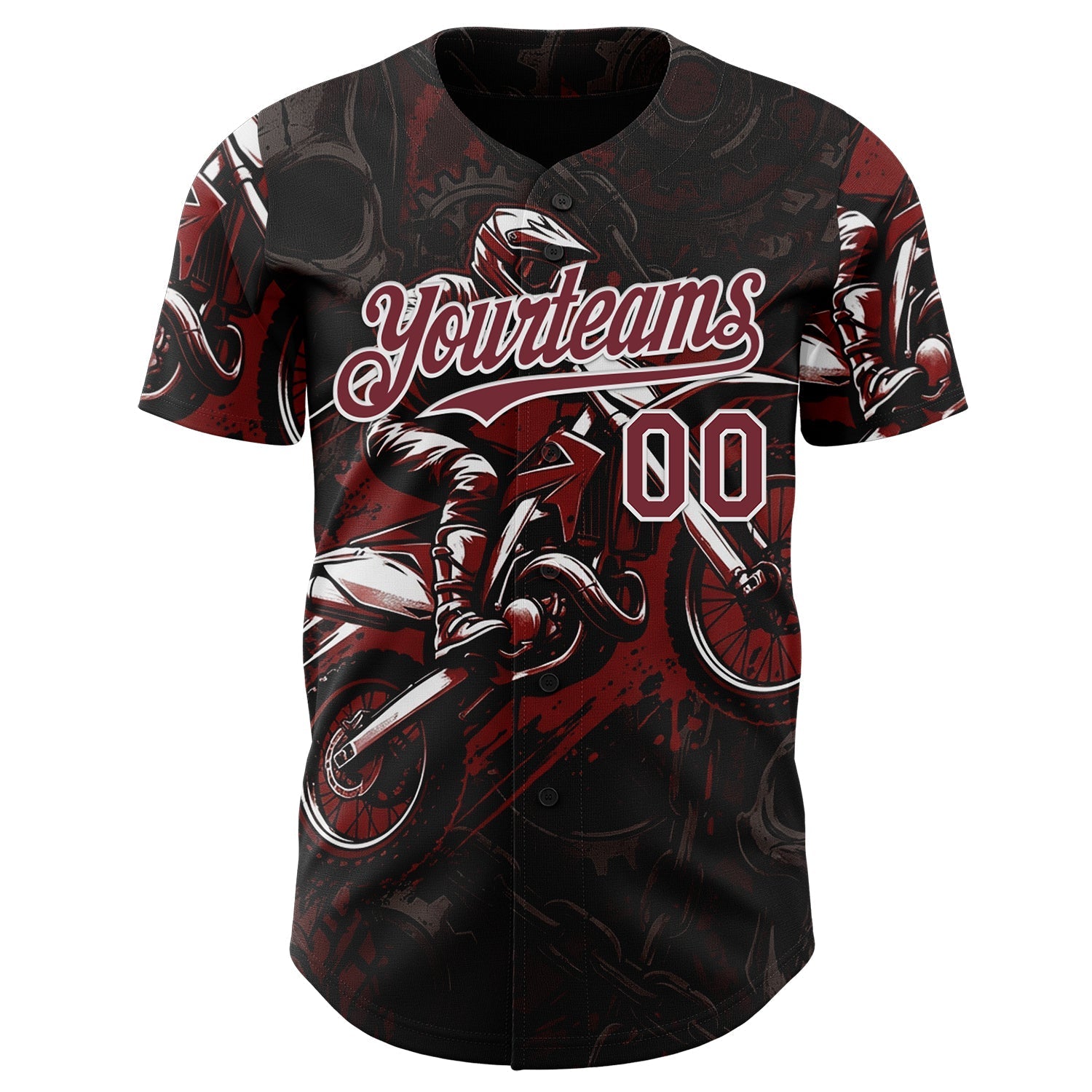 Custom Black Burgundy-White 3D Pattern Design Motorcycle Motocross Authentic Baseball Jersey baseball jersey product view 2