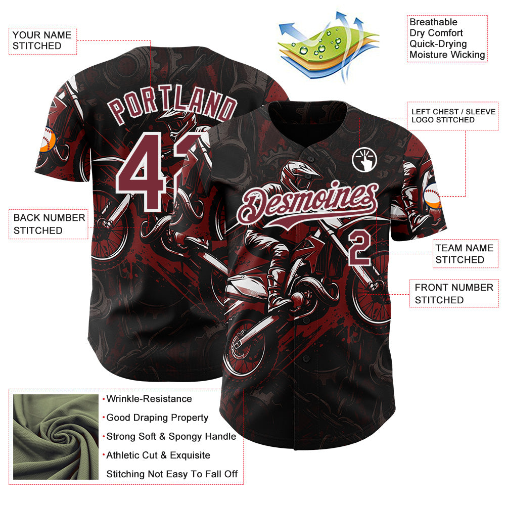 Custom Black Burgundy-White 3D Pattern Design Motorcycle Motocross Authentic Baseball Jersey baseball jersey product view 3