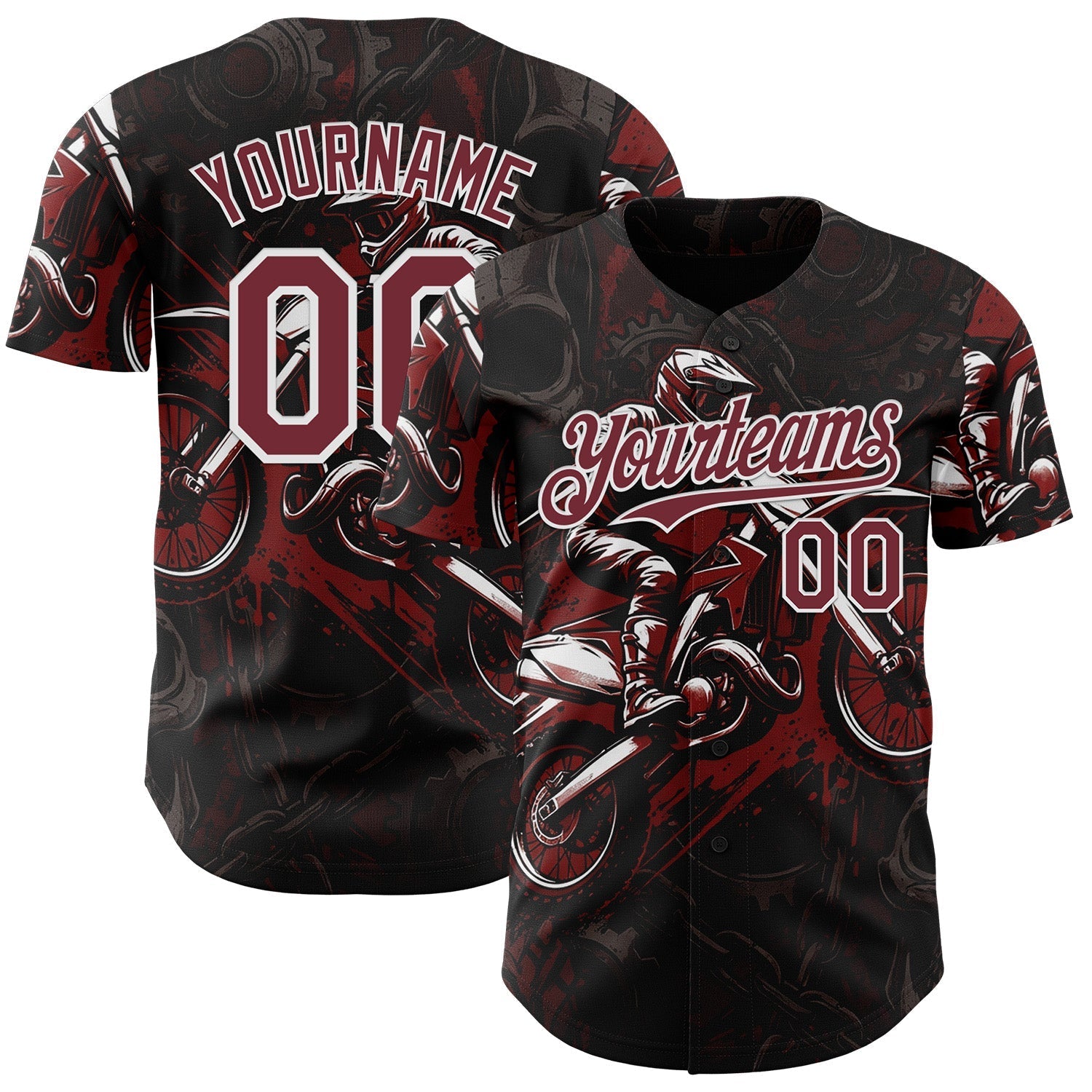 Custom Black Burgundy-White 3D Pattern Design Motorcycle Motocross Authentic Baseball Jersey baseball jersey product view 1