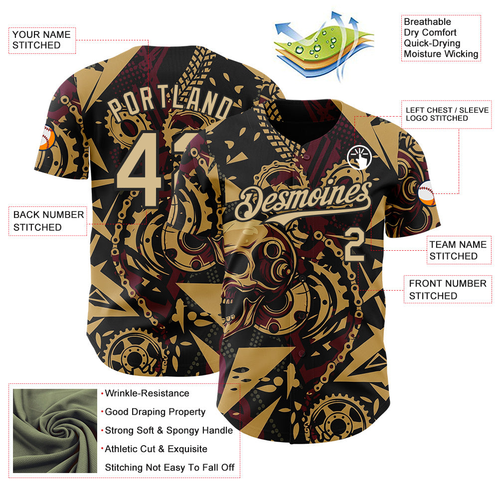 Custom Black Vegas Gold Old Gold-Red 3D Pattern Design Motorcycle Motocross Skull Authentic Baseball Jersey baseball jersey product view 3
