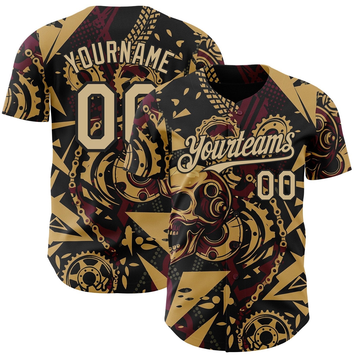 Custom Black Vegas Gold Old Gold-Red 3D Pattern Design Motorcycle Motocross Skull Authentic Baseball Jersey baseball jersey product view 1
