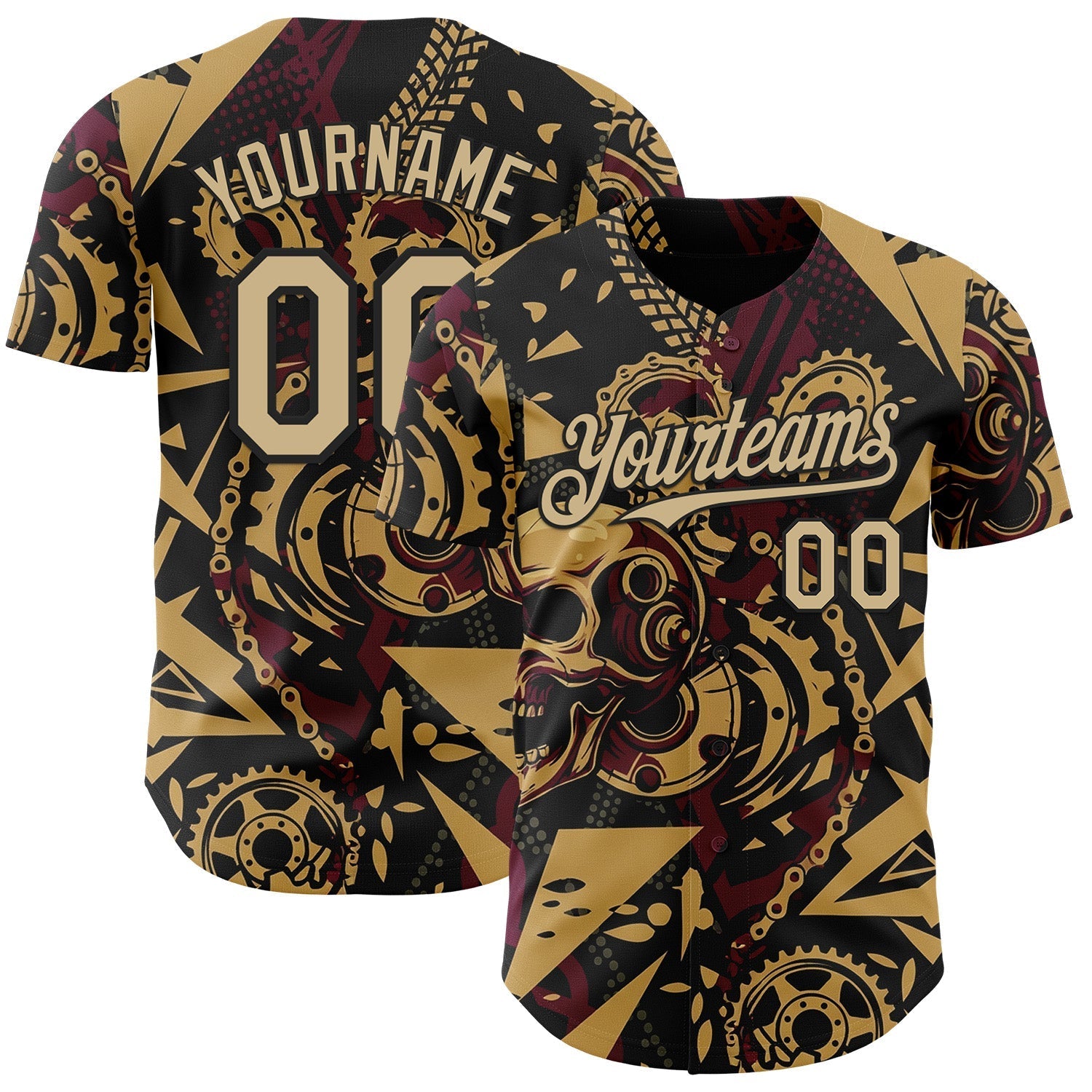 Custom Black Vegas Gold Old Gold-Red 3D Pattern Design Motorcycle Motocross Skull Authentic Baseball Jersey baseball jersey product view 1