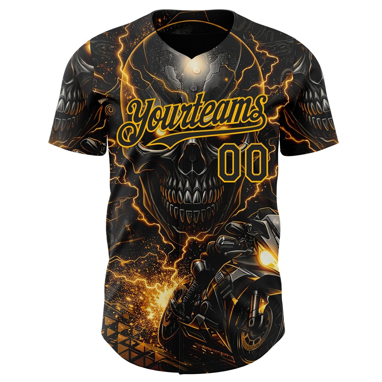 Custom Black-Gold 3D Pattern Design Motorcycle Motocross Skull Authentic Baseball Jersey baseball jersey product view 2