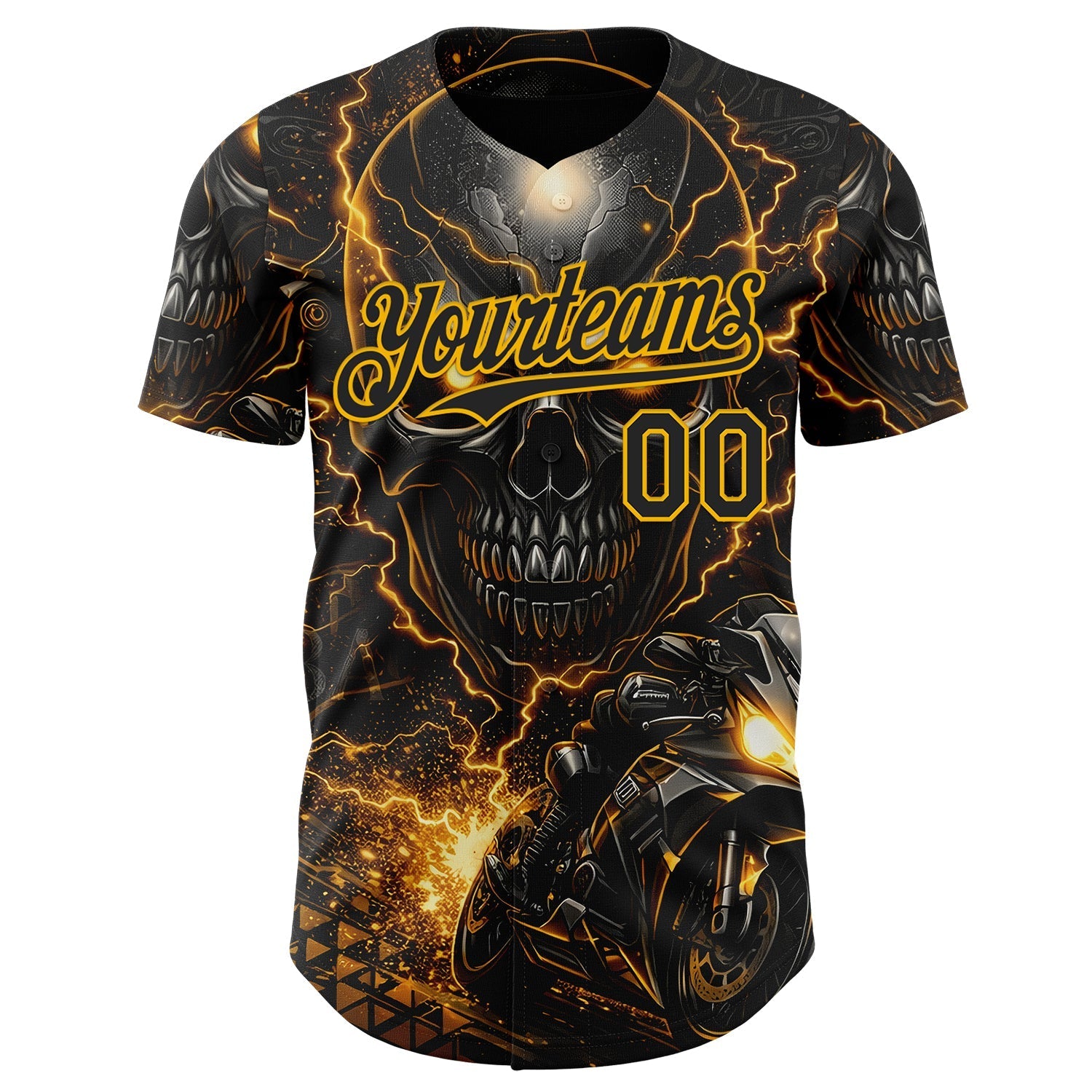Custom Black-Gold 3D Pattern Design Motorcycle Motocross Skull Authentic Baseball Jersey baseball jersey product view 2