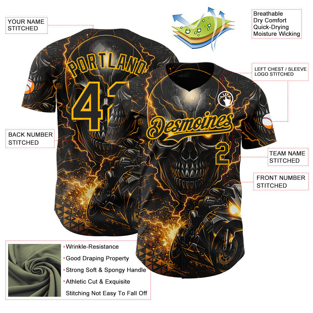 Custom Black-Gold 3D Pattern Design Motorcycle Motocross Skull Authentic Baseball Jersey baseball jersey product view 3