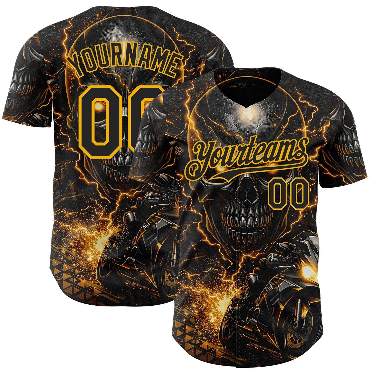 Custom Black-Gold 3D Pattern Design Motorcycle Motocross Skull Authentic Baseball Jersey baseball jersey product view 1