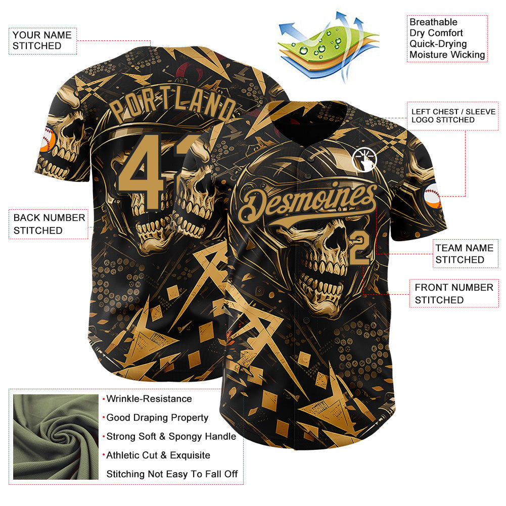 Custom Black-Old Gold 3D Pattern Design Motorcycle Motocross Skull Authentic Baseball Jersey baseball jersey product view 3