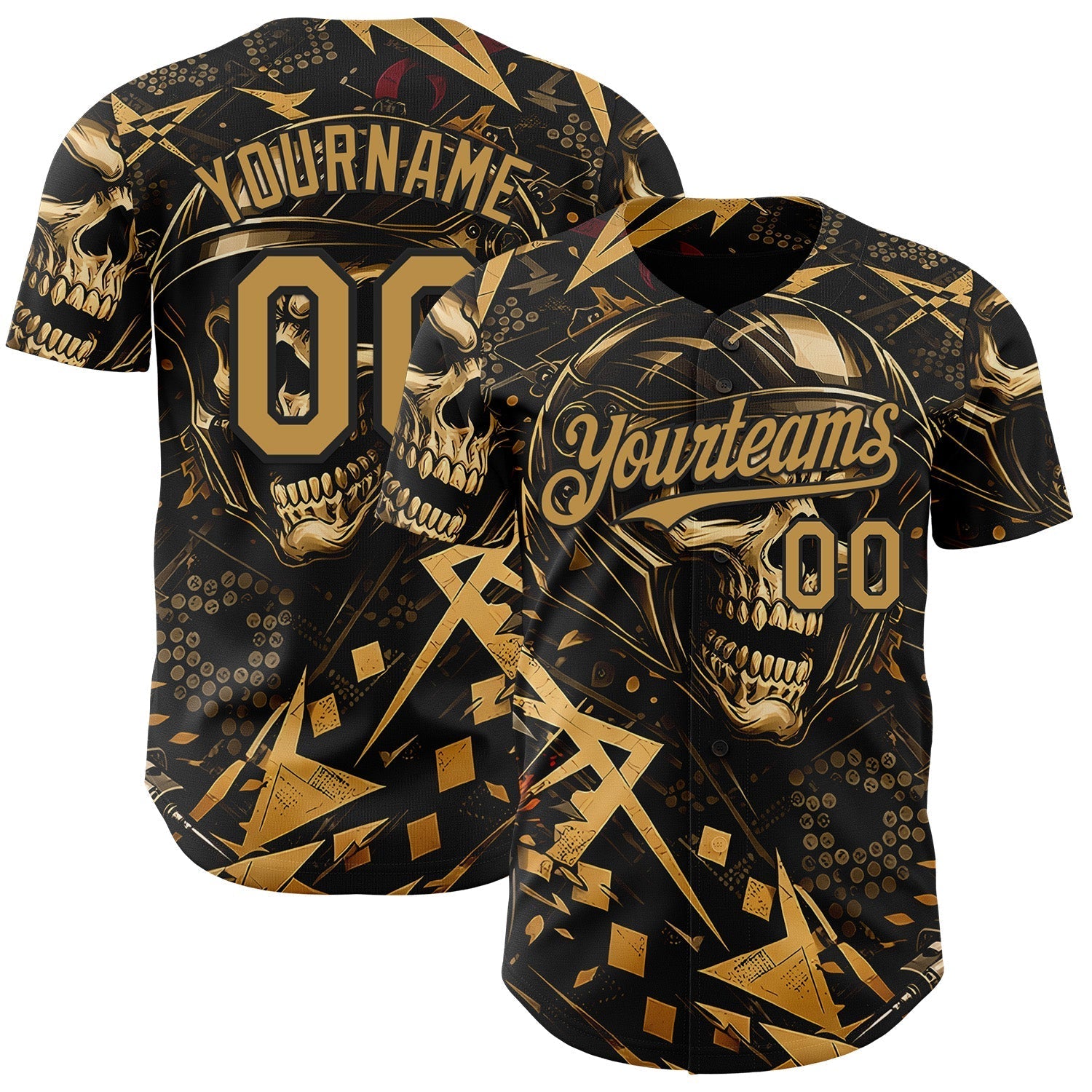 Custom Black-Old Gold 3D Pattern Design Motorcycle Motocross Skull Authentic Baseball Jersey baseball jersey product view 1