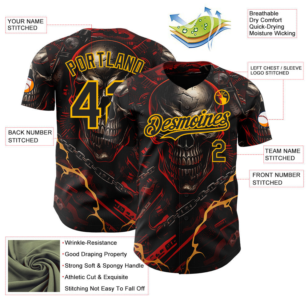 Custom Black Red-Gold 3D Pattern Design Motorcycle Motocross Skull Authentic Baseball Jersey baseball jersey product view 3