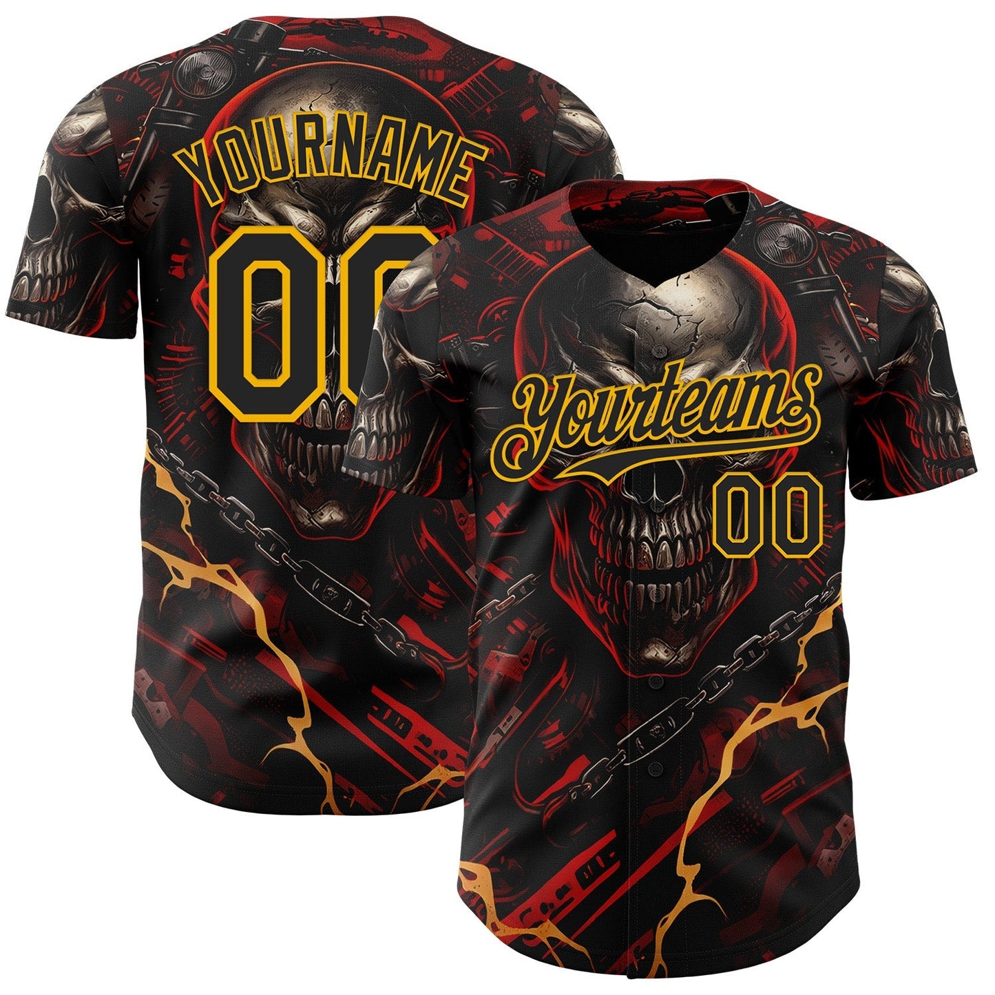 Custom Black Red-Gold 3D Pattern Design Motorcycle Motocross Skull Authentic Baseball Jersey baseball jersey product view 1