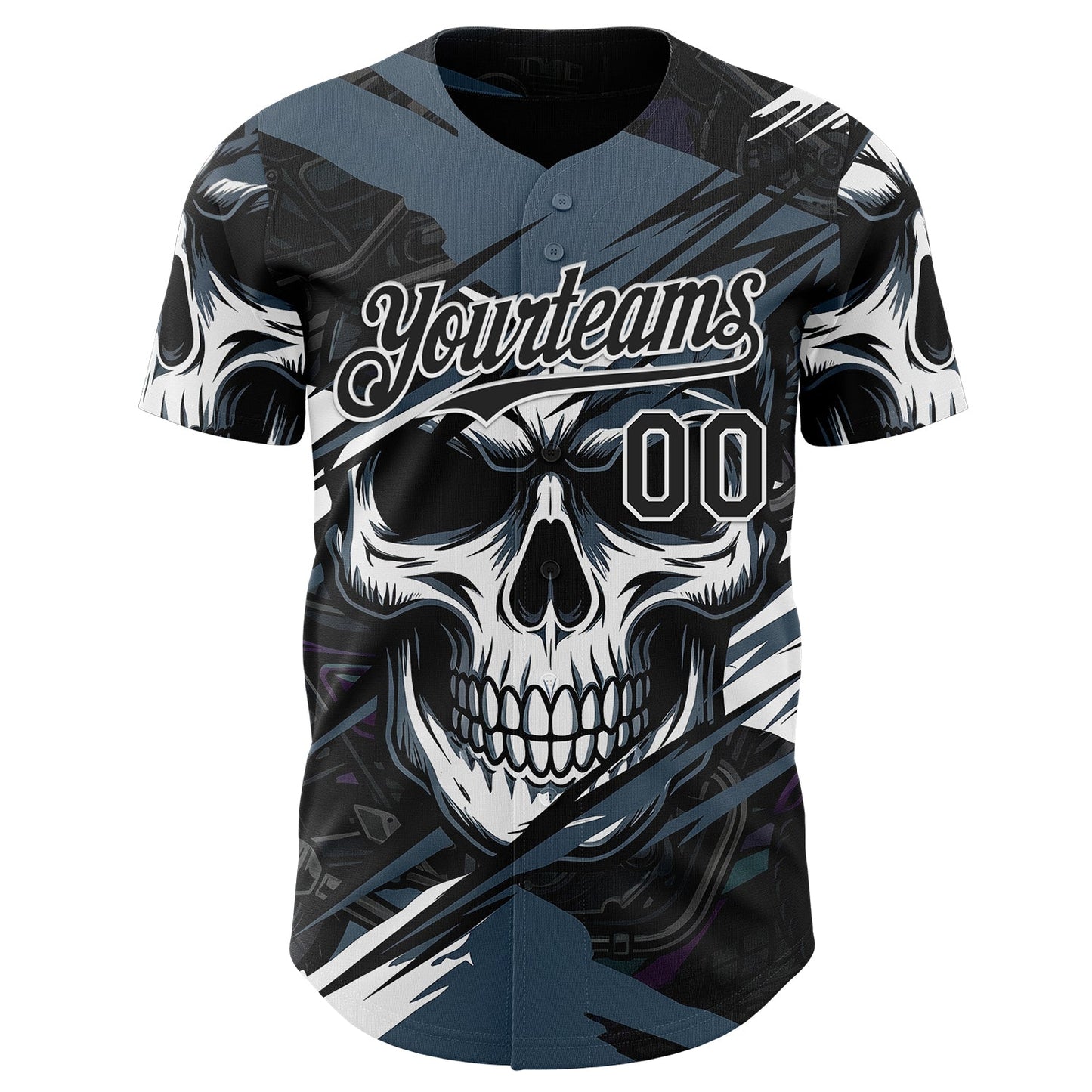 Custom Black Blue-White 3D Pattern Design Motorcycle Motocross Skull Authentic Baseball Jersey baseball jersey product view 2