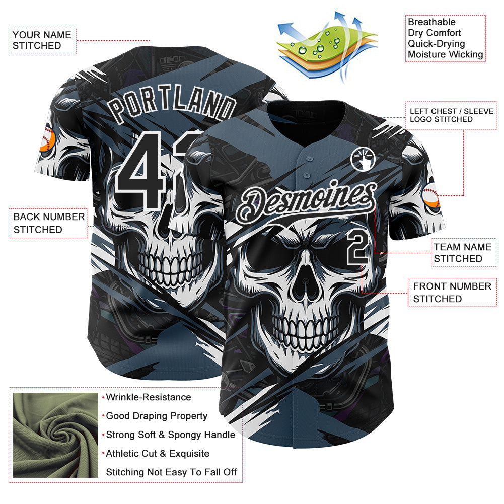 Custom Black Blue-White 3D Pattern Design Motorcycle Motocross Skull Authentic Baseball Jersey baseball jersey product view 3