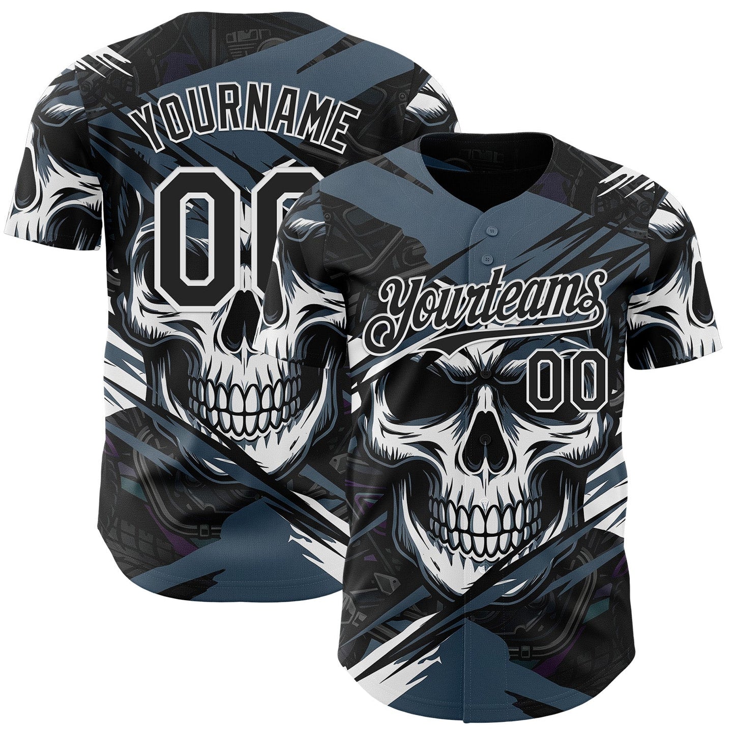 Custom Black Blue-White 3D Pattern Design Motorcycle Motocross Skull Authentic Baseball Jersey baseball jersey product view 1