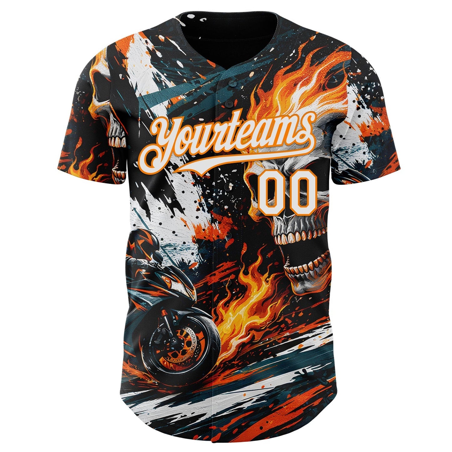 Custom Black White Red-Bay Orange 3D Pattern Design Motorcycle Motocross Skull Flame Authentic Baseball Jersey baseball jersey product view 2