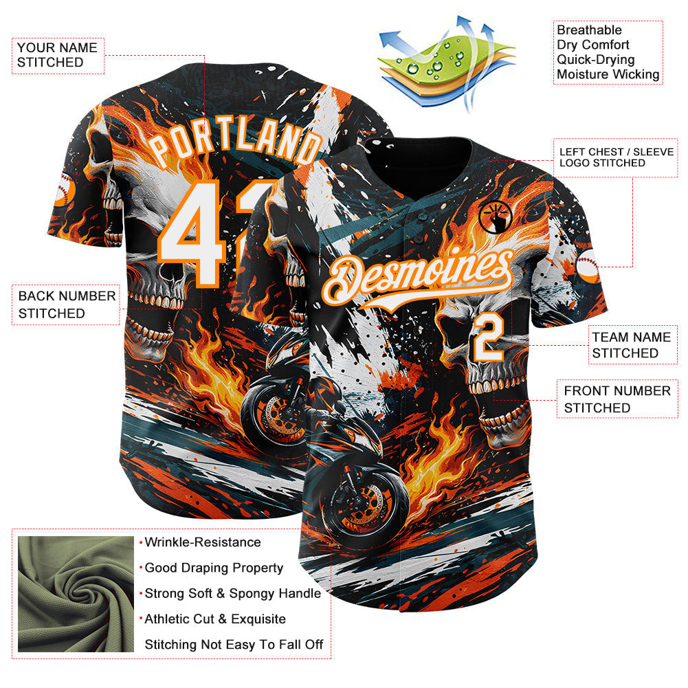 Custom Black White Red-Bay Orange 3D Pattern Design Motorcycle Motocross Skull Flame Authentic Baseball Jersey baseball jersey product view 3