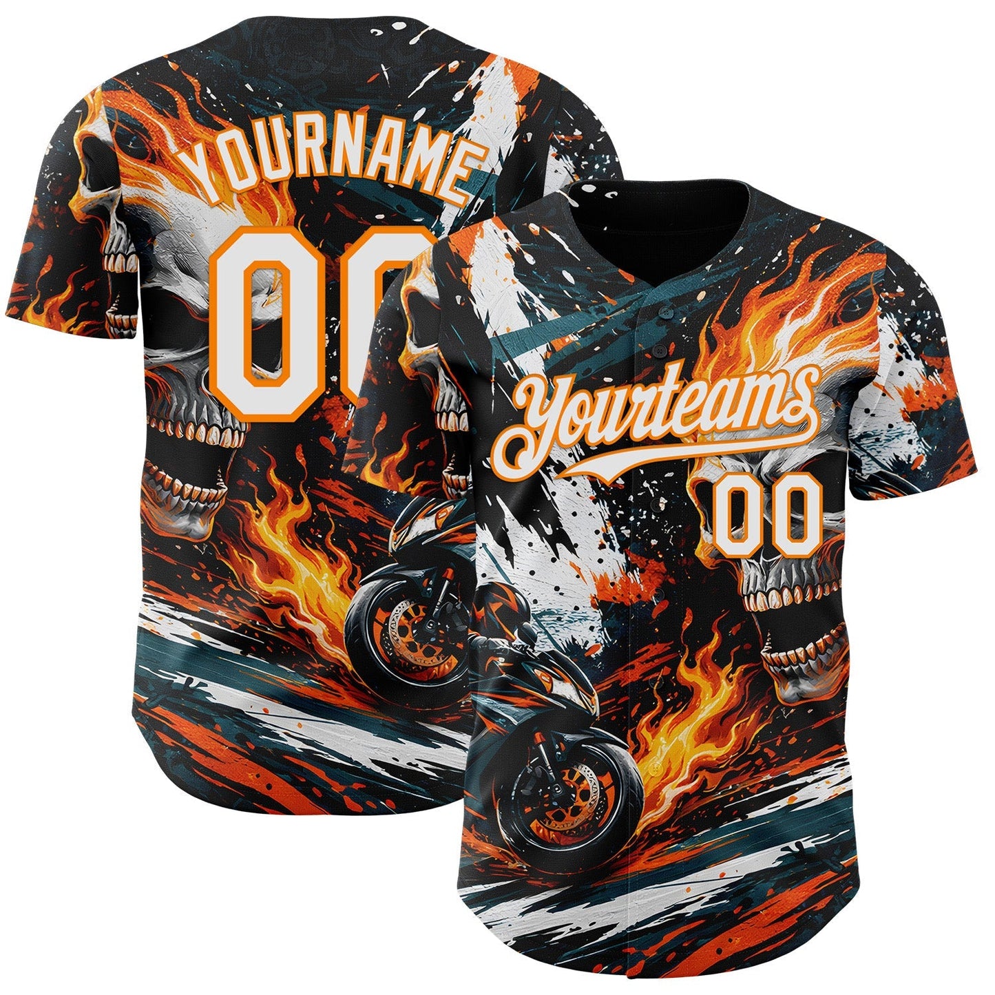 Custom Black White Red-Bay Orange 3D Pattern Design Motorcycle Motocross Skull Flame Authentic Baseball Jersey baseball jersey product view 1
