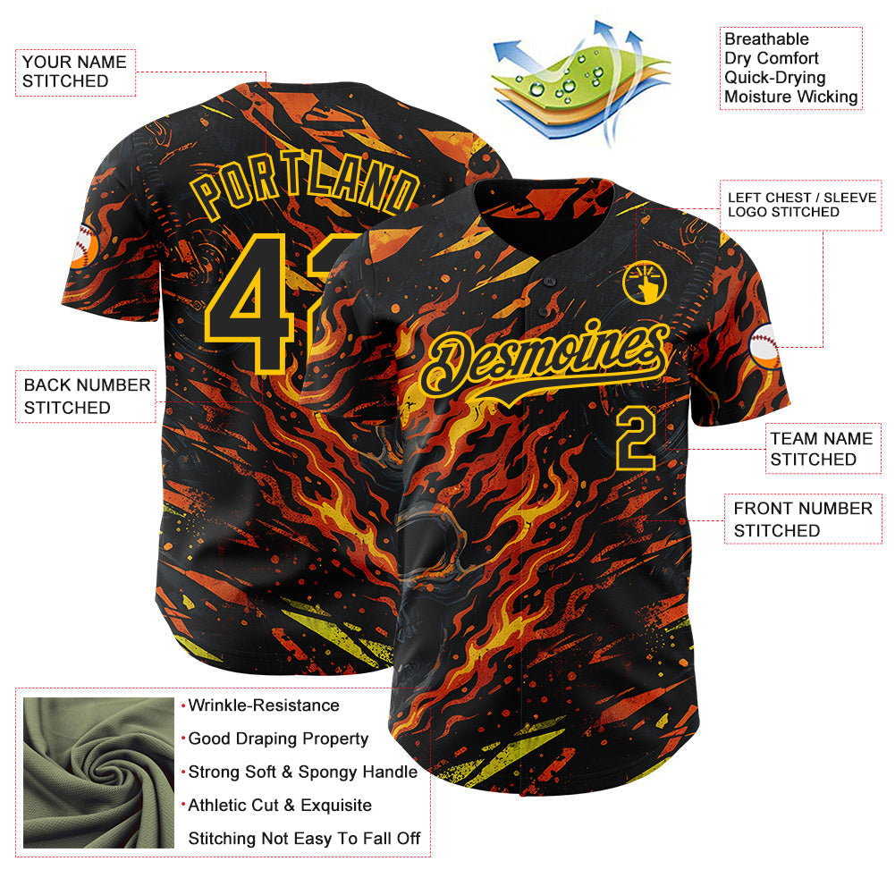 Custom Black Red-Yellow 3D Pattern Design Motorcycle Motocross Skull Flame Authentic Baseball Jersey baseball jersey product view 3